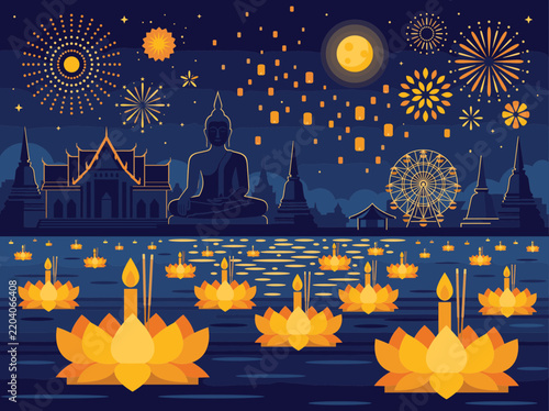 Vibrant Night Festival with Floating Lanterns & Fireworks