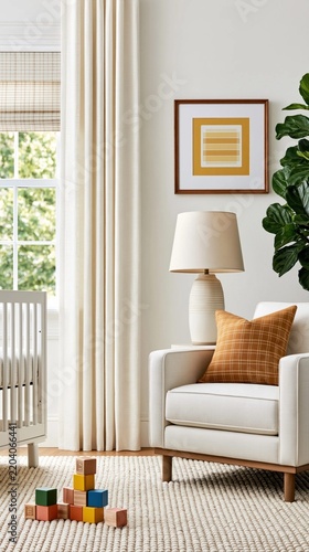 Serene nursery space with warm textures and soft lighting