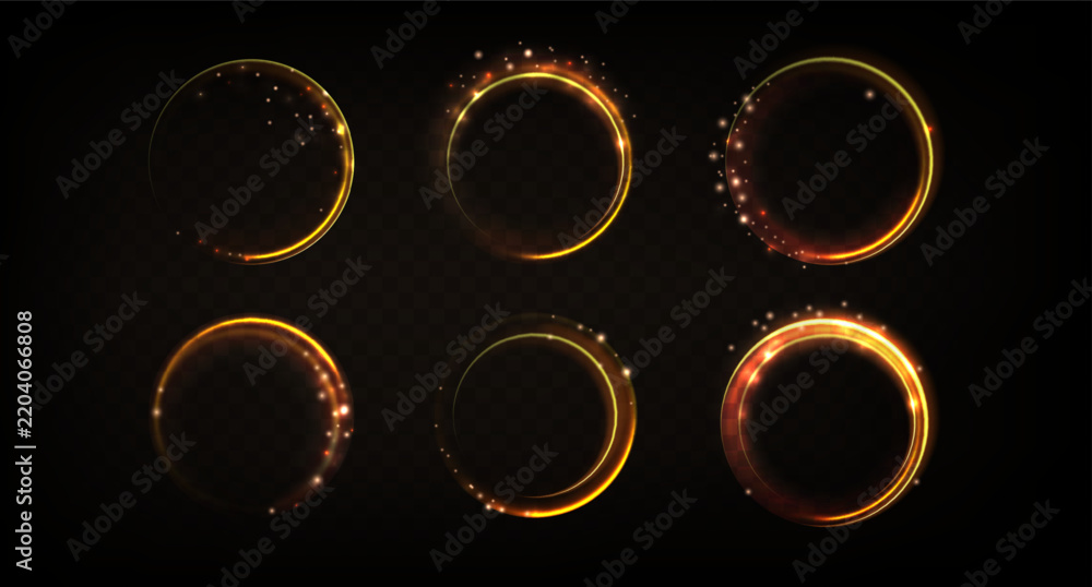 Obraz premium Glowing golden rings with light particles and flare sparkling effect on dark background. Vector circular frames with bright yellow neon glow and magical shimmer. Round portals with magic elements