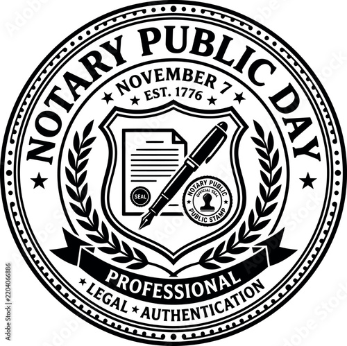 Notary Public Day Seal Graphic With Legal Authentication Symbols And Date