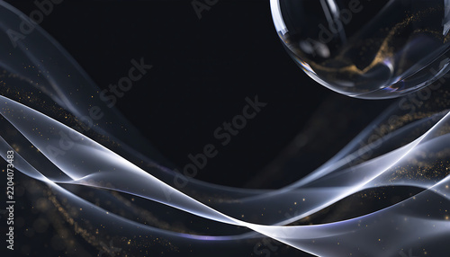 Abstract flowing silk waves with golden particles on dark background