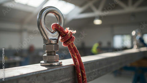 Silver eye bolt with red rope in industrial environment