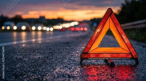 A reflective warning triangle active on a wet roadside during sunset after a vehicle breakdown.