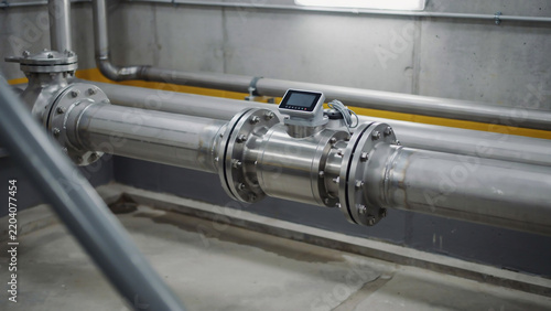 Stainless steel flow meter on industrial pipe with yellow markings keywords: stainless steel