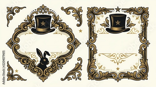 Vintage ornamental frames featuring a top hat and rabbit motif for magical carnival themes or circus event invitations that require classic victorian style decorative borders with golden