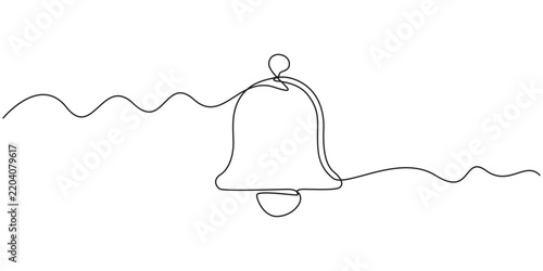 Continuous one line bell drawing Christmas notification alert leaf vector holly concierge drawn holiday hand alarm icon xmas wedding illustration simple single linear service white ribbon outline art.