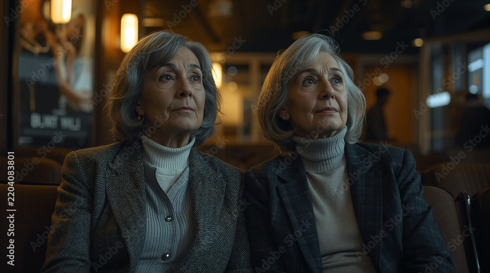 Fototapeta premium Older lesbian couple in warm cinema lobby in soft evening light in blazer and cashmere roll neck with blurred posters and calm anticipation generative AI