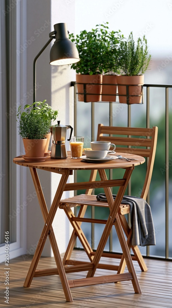 Fototapeta premium Relaxing balcony breakfast scene with natural light