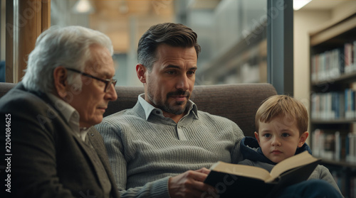 Man in forties in soft grey knit at public library reading corner between elderly parent and young child in warm indirect light generative AI