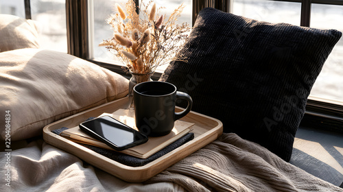 A snug indoor scene featuring a wooden tray with a black mug, smartphone, and notebook, alongside pillows and dried flowers near an open window