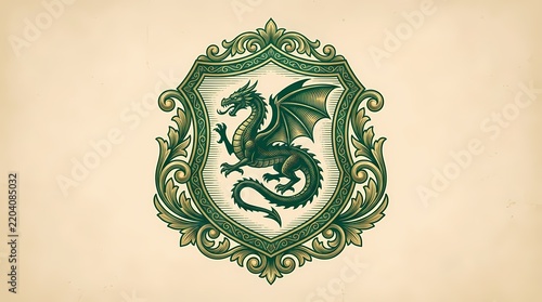 Heraldic Green Dragon Crest Featuring Ornate Decorative Frames Within A Medieval Style Shield Motif Representing Ancient Royalty And Mythical Creatures Suitable For Fantasy Themes And Historic
