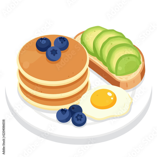 Delicious healthy breakfast plate featuring a stack of fluffy pancakes with fresh blueberries, avocado toast on whole grain bread, and a fried egg, isolated on a white background