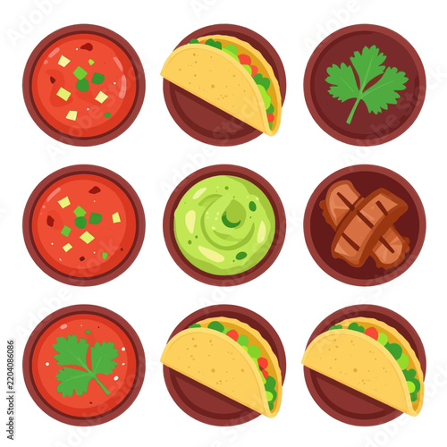 Set of Delicious Mexican Food Illustrations Including Tacos with Meat and Vegetables, Salsa, Guacamole, and Fresh Coriander in Bowls on a Clean White Background for Menu Design