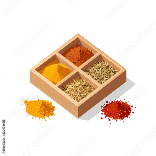 Set of Assorted Spices in a Wooden Divided Box with Spilled Powders Featuring Turmeric, Chili, and Cumin Seeds on a White Background for Cooking and Culinary Concept Illustration