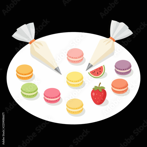 Colorful French macarons and fresh summer fruits with pastry piping bags on a white plate, featuring strawberry and watermelon slices in a sweet dessert concept illustration