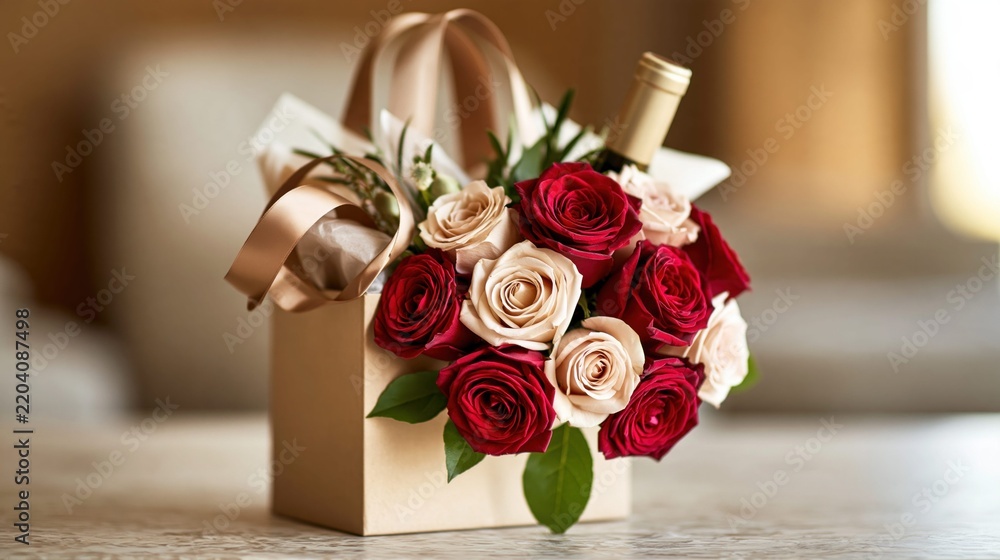 Obraz premium Romantic rose bouquet with wine in decorative box