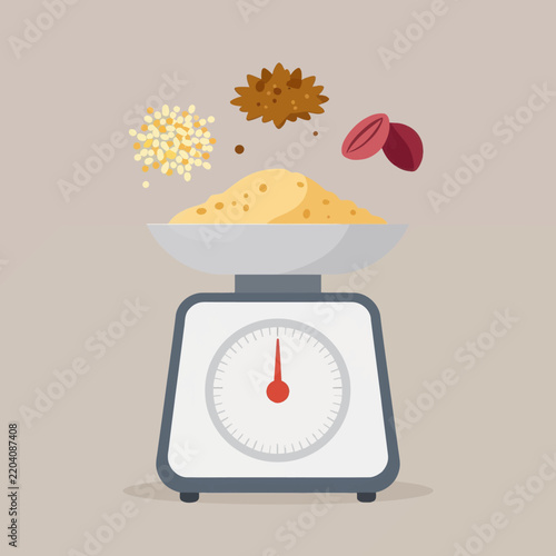 Illustration of various grains, seeds, and spices falling onto a kitchen scale to measure ingredients for healthy cooking, baking, or nutrition, minimal flat vector design on neutral background