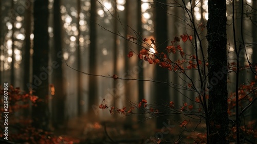 Atmospheric autumn forest at sunset with sunlight rays filtering through dark trees and red leaves in focus