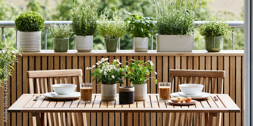 Obraz premium Sunny balcony breakfast scene with plants and delicious food