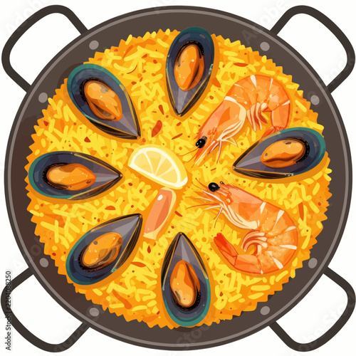 Delicious Seafood Paella with Mussels and Prawns served in a Traditional Pan with Lemon Slices, a Vibrant Mediterranean Dish Ideal for Gourmet Food Menus and Restaurant Concepts