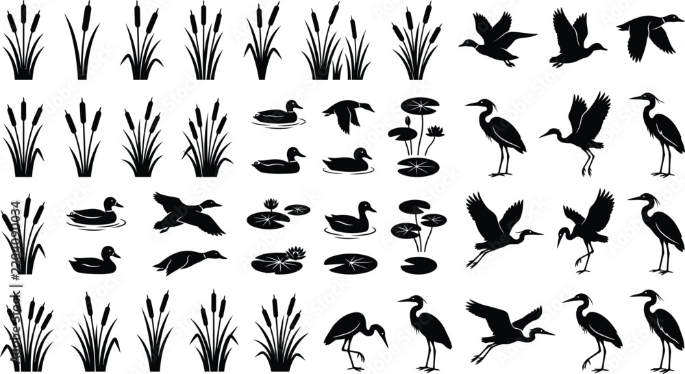 Fototapeta premium Wetland Birds Grass Waterfowl Silhouette Collection Nature Wildlife Icons Set