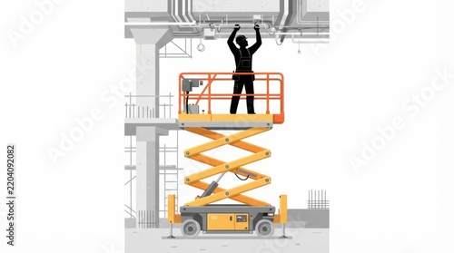 Workers are using a lift to install equipment at a construction site. They wear hard hats for safety while performing their tasks.