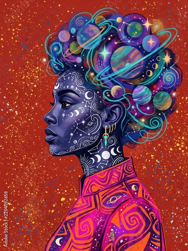 Celestial Black woman portrait with galaxy hair, mystical cosmic goddess with moon tattoos, surreal universe art on vibrant red background
