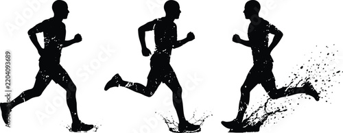 Running athlete silhouette sequence in three poses with black grunge splash and splatter effects