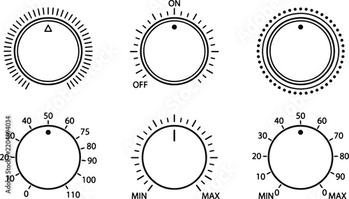 Six minimalist dial and knob control icons featuring on/off switches, temperature scales, and
