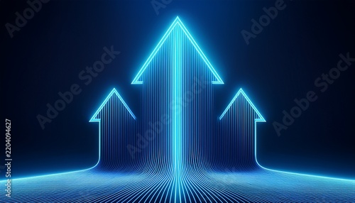 blue glowing arrow up neon lines combining upward symbol of growth synergy success futuristic tech concept on dark gradient background