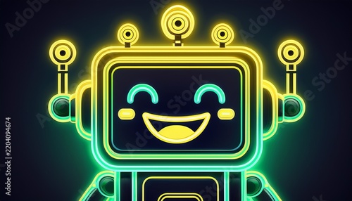 outline neon laughing robot green yellow neon chat bot with laugh face friendly virtual assistant with emotion cute bot emoji with ai algorithms chatbot technology digital helper