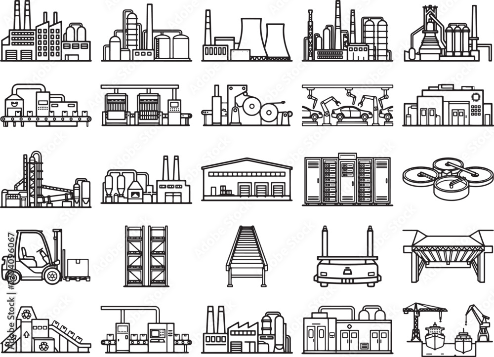 Fototapeta premium A collection of industrial building icons, including factories, power plants, warehouses, and modern facilities, presented in a clean, vector art style on a white background.
