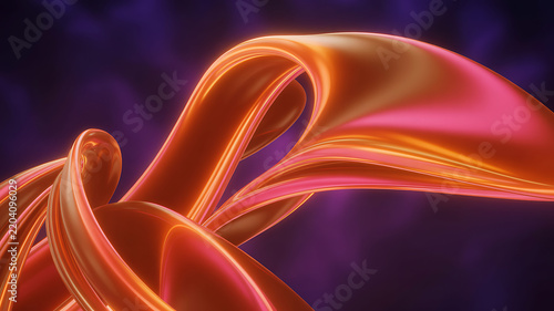 Abstract 3D render of flowing, intertwined ribbons of glossy orange and pink creating complex curves and loops against a deep, dark purple, soft-focus, atmospheric background texture