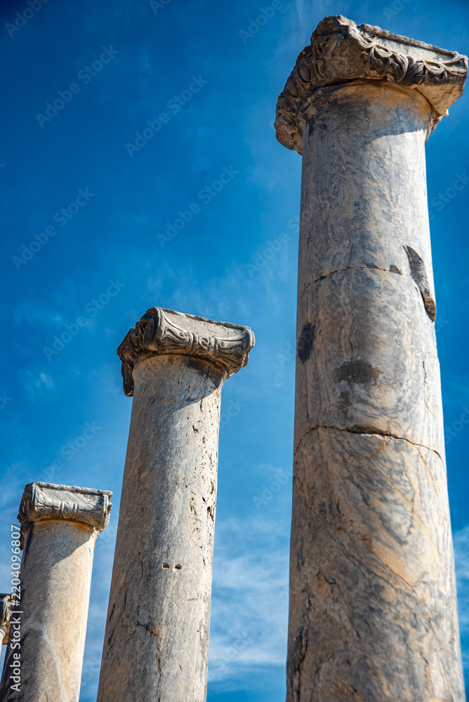 Obraz premium Perge, the long-established city of Pamphylia region, is located 18 km east of Antalya and 2 km north of Aksu Village. The Archaeological site of Perge has been excavated systemically by Istanbul Univ
