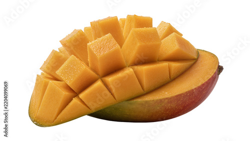 Freshly cut ripe mango fruit with diced cubes, isolated on transparent background