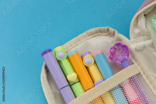 Set of colorful markers in a pencil case with a light blue background on a flat surface