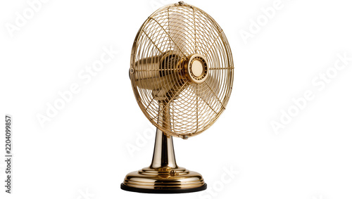 Polished brass vintage desk fan with intricate wire grill, isolated on transparent background