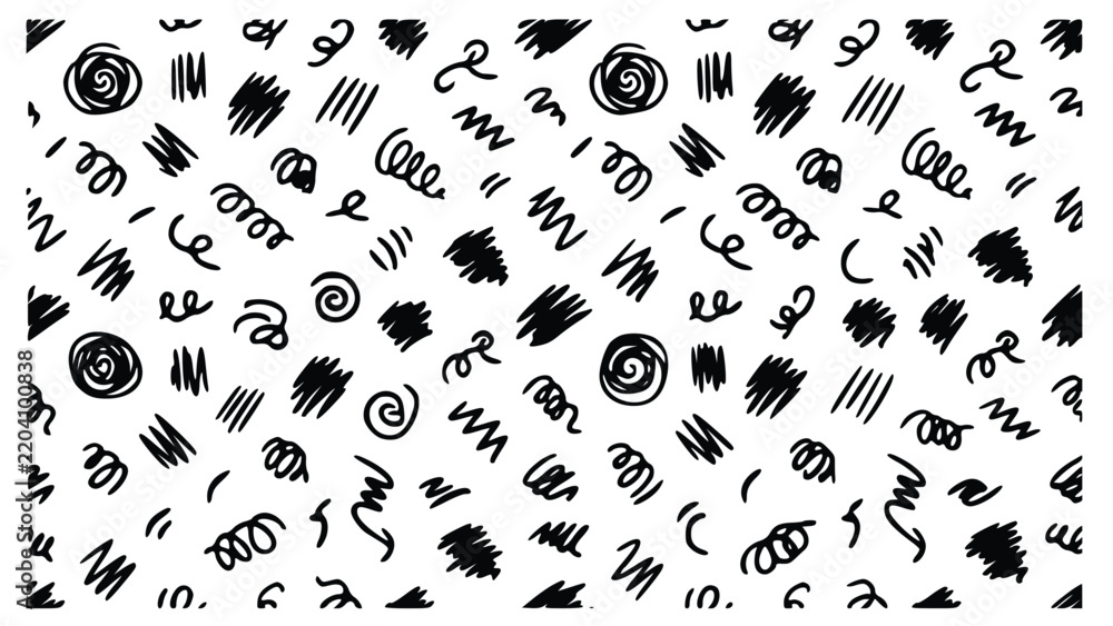 Fototapeta premium Hand drawn doodle vector illustration featuring abstract black ink patterns, sketchy lines, spirals, and organic shapes on white