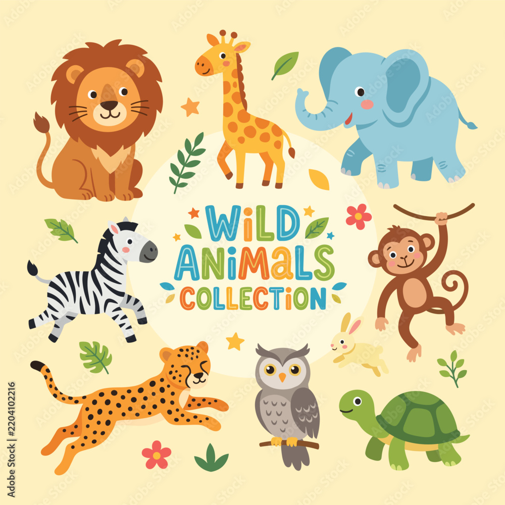 Obraz premium Cute Safari And Jungle Wild Animals Mascot Bundle