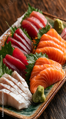 Assorted sashimi platter with fresh tuna, salmon, white fish slices. Raw seafood is served on a ceramic plate with green shiso leaves, wasabi, and radish. This Japanese cuisine meal is prepared in the