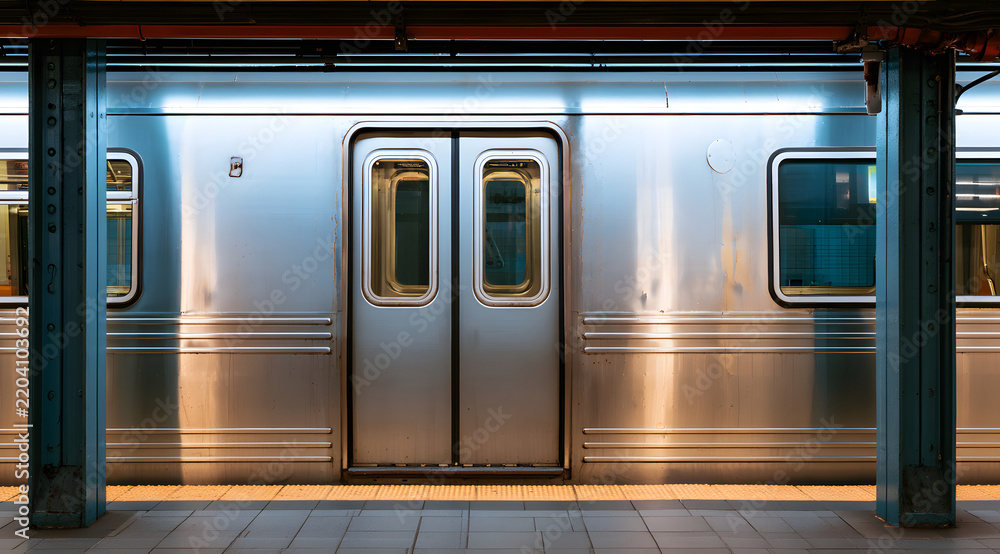 Fototapeta premium At a subway station in New York City, a door remains open on one side of a train.