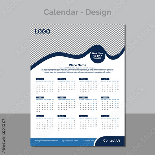 2027 Business Wall Calendar Design with Blue Wave Header and Monthly Planner