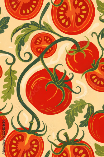 Colorful Illustrated Tomato Pattern with Vine and Leaves, Italian Summer Art Print