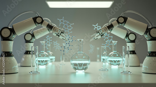 Two robotic arms working in a laboratory setting with glass beakers and flasks, performing chemical experiments with floating digital molecular structures, concept of automated scientific research
