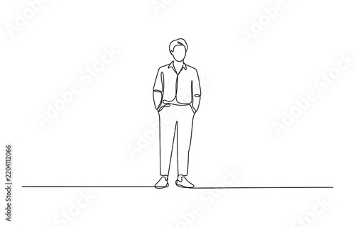 Fotografie Young man standing with hands in pockets drawn in a continuous single line art s