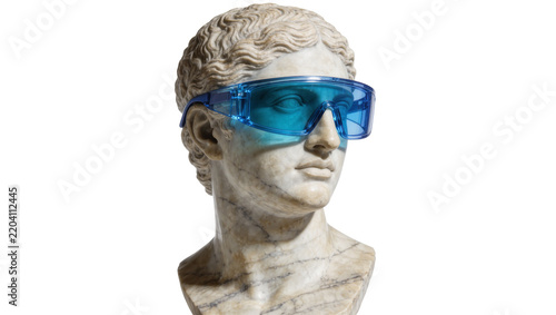 Foto Marble bust wearing oversized blue futuristic sunglasses, isolated on transparen