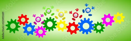 Gear-driven mechanism generating anthropomorphic figures of various colors.