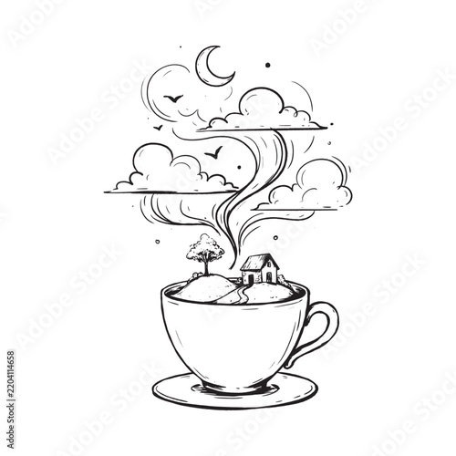 Cup with landscape and celestial elements black and white sketch