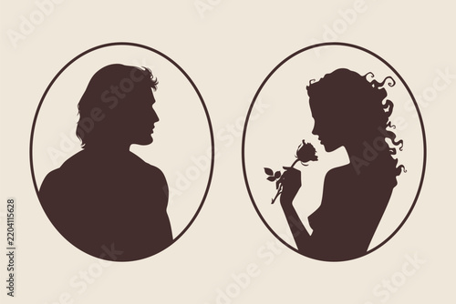 Romantic Couple Silhouette in Vintage Cameo Style Vector Illustration