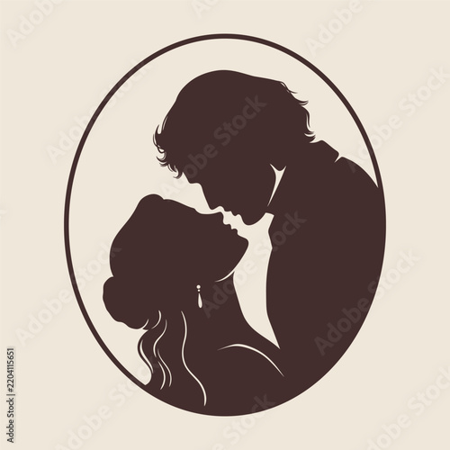 Romantic Couple Silhouette in Vintage Cameo Style Vector Illustration
